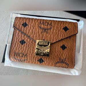MCM Cognac Trifold Wallet with Gold Accents
